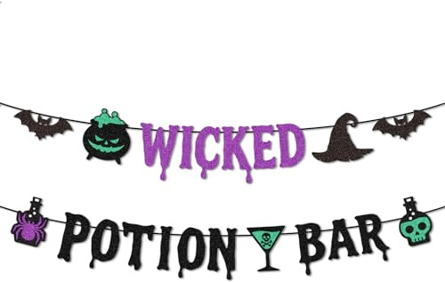 Wicked Potion Bar Banner, Pre-Strung Glitter Halloween Bar Garland Purple Green Black Cauldron Skull Bat Spider Witch Hat Decorations for Halloween Spooky Theme Cocktail Wall Decor Party Supplies