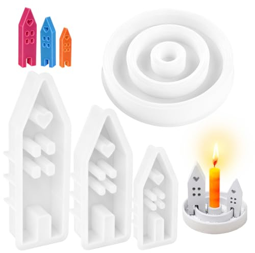 4 Stampi Silicone Candele 3 Modelli Casa + 1 Tondo Per Candele E Saponi DIY