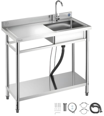 VEVOR Stainless Steel Utility Sink, Free Standing Single Bowl Commercial Kitchen Sink with Faucet, 39.4 x 19.7 x 37 in, Utility Left Basin with Hot & Cold Water Pipe for Garage, Restaurant, Laundry