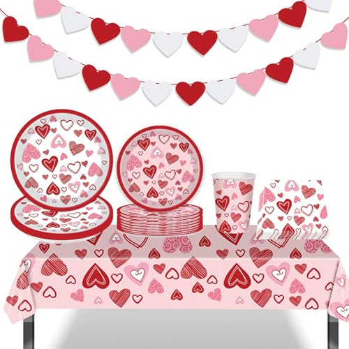 Valentines Day Party Tableware Set - Red Heart Paper Plates Cups Napkins Banner Set Romantic Party Supplies Dinnerware Kit for Birthday Mother's Day Engagement Wedding Anniversary Love Decorations