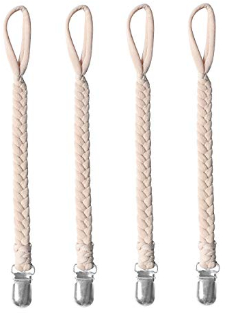 CULASIGN 4Pcs Schnullerkette Baumwolle Schnullerband Baby Schnullerketten Clips für Neugeboren Mädchen und Jungs (Beige)