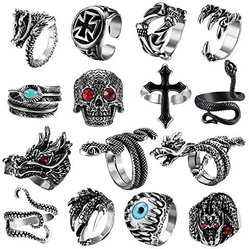 Jstyle 15Pcs Vintage Punk Rings for Men Women Snake Ring Dragon Open Rings Set Knuckle Stacking Ring Boho Finger Rings