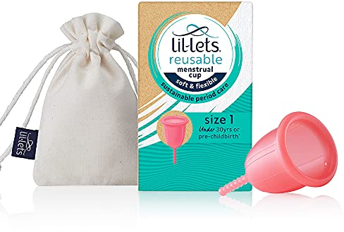 Lil-Lets Reusable Menstrual Cup, Size 1, for Those Under 30 yr or Pre Birth, Soft and Flexible Period Cup, Ideal for Beginners, Made from Medical Grade Silicone. Certified Organic Cotton Bag Included