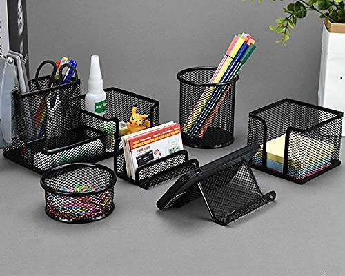 WOMGF 6 PCS Rangement Bureau Organisateur Multifonctionnel Métal Grillagé Organiseur de Bureau Pot à crayons Porte-stylo Rond en métal Papeterie Organizer pour Bureau, école et Maison (Noir)