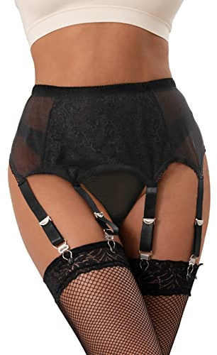 ohmydear Lace Suspenders Belt for Stockings 6 Straps Women Black Garter Belt Plus Size Sexy Lingerie Set Matching Thongs Uk 20-22