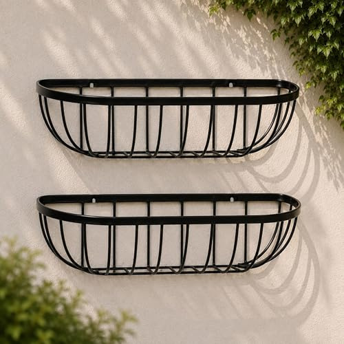 Shop4allsorts 2 x 24 Inch Metal Wall Trough Planter - Black Wrought Iron Wall Mounted Garden Flower Basket - Hanging Wall Trough For Outdoor - Decorative Garden Wall Basket Planter.