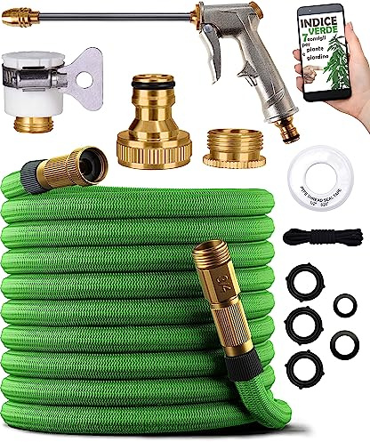 Tubo Acqua Giardino Estensibile 30m - Pistola Multigetto in Metallo, Raccordi in Ottone, Adattatori 1/2” e 3/4” Inclusi - Canna Irrigazione per Giardino, Lavaggio Auto, Orto, Terrazzo, Prato