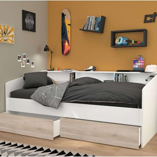 Miroytengo Cama Juvenil Style Color Blanco con cajones Roble Japonés habitacion Infantil Moderna 90x190-200 cm