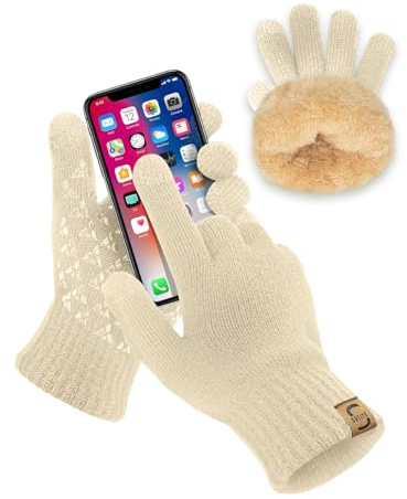 SUTIYO Winter Gloves, Thermal Fleece Lining Touch Screen Non-slip Grip Elastic Warm Knitted Gloves for Cycling Running Driving Hiking- Men Women (Beige)