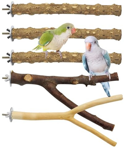 Hioph 5 PCS Natural Bird Perches for Cage - ​​Wooden Parrot Perch Stand Bird Cage Accessories for Parrotlets Budgies Cockatiels Parakeets Lovebirds