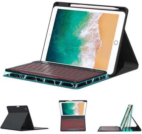 Funda Teclado Español (Incluye Ñ) para iPad de 9,7 Pulgadas, 6.ª Generación (2018), 5.ª Generación (2017), Air 2 (2014), Teclado Inalámbrico Desmontable con Retroiluminación,Negro