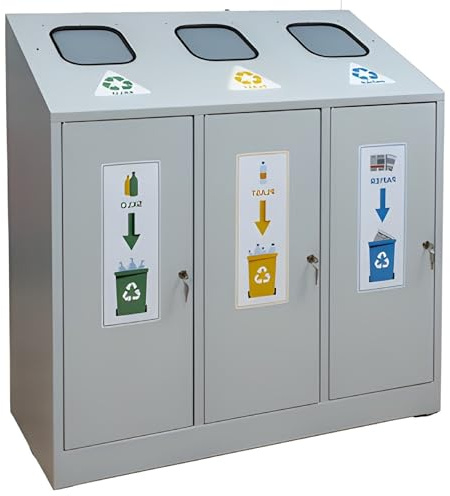 Bricoloco Papelera cubo de reciclaje grande de metal de 2 o 3 compartimentos para organización de basura y residuos de plástico, vidrio y papel (3 compartimentos)