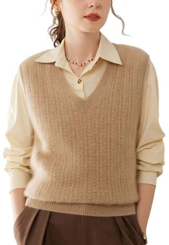 Valin Damen Kaschmir V-Ausschnitt Zopfmuster Pullunder,Braun,34