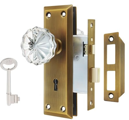 ToPToToo Mortise Lock Set Interior Door, Crystal Glass Door Knobs with Lock and Skeleton Key, Old Door Knob Replacement, Vintage Antique Door Handle, Antique Brass Finish