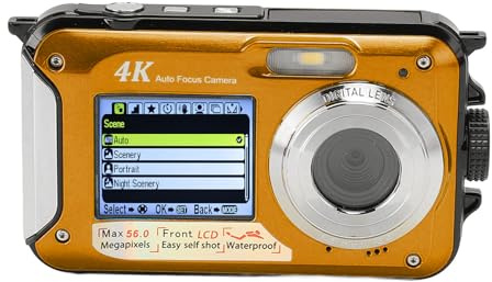 Caméra sous-Marine, caméra étanche 4K 56MP avec Mise au Point Automatique, Zoom numérique 16X, Double écran Selfie, Appareil Photo numérique étanche Compact de 10 Pieds, Carte (Jaune)