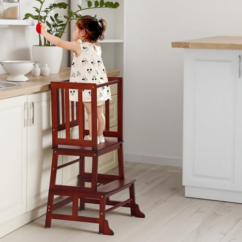 COSYLAND Toddler Kitchen Step Stool - Nursery Step Stool for Kids with Anti-fall Feet - Wodden Standing Tower for Kitchen Counter - Mothers' Helper Kids Learning Stool (Brown)