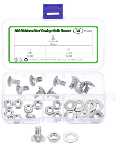 sourcing map Schlossschrauben und Muttern, 10-teiliges Set, 1/4-Zoll-20 x 1/2 Zoll, Edelstahl 304, Rundkopf-Vierkantschrauben, Sechskantmuttern und Unterlegscheiben, Silber