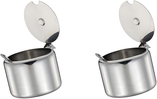 Dwang 2Set Silver 285ml Stainless Steel Sugar Bowl with Spoon,Sugar Bowl Condiment Seasoning Pot Sugar Canister with Spoon - Portable Useful Practical Dinnerware