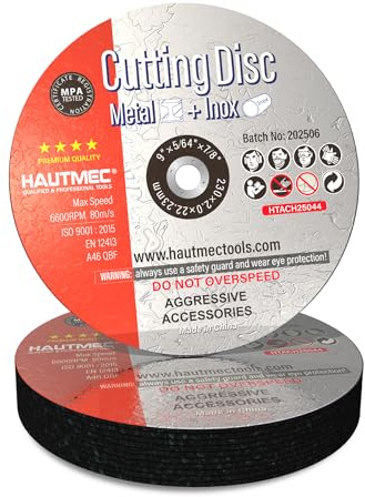 HAUTMEC Expert Grade Cut Off Wheels 230 x 2.0 x 22.23mm, 10 Pack Metal Cutting Discs for Angle Grinder, Premium Aluminium Oxide Abrasive for Aggressive Cutting Metals, MPA Certified, HTACH25044