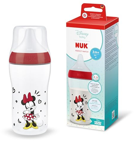 NUK Perfect Match Babyflaska | 0+ månader | 260 ml | Anti-kolikmatningsflaska | PP | Temperaturindikator | Minnie Mouse | 1 styck