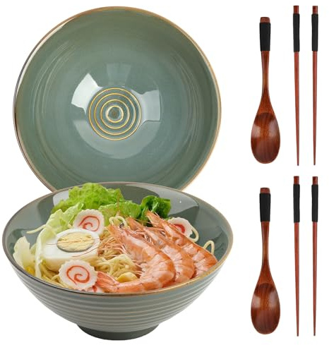 GEEKHOM Ramen Juego de 2 cuencos japoneses de cerámica con palillos y cuchara de madera de 1200 ml, grande, microondas y lavavajillas para pasta, sopa, pho, ensalada