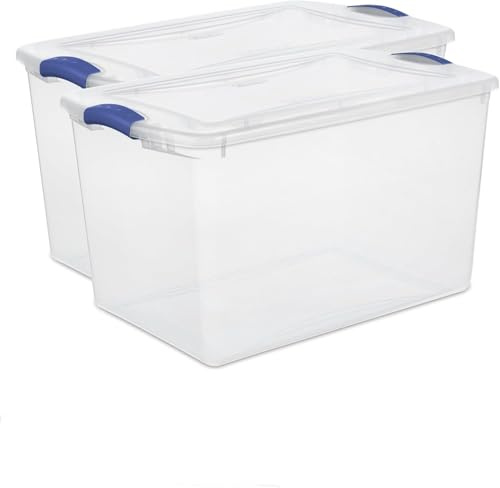 2-Pack 66 Quart Clear Plastic Storage Bins with Latching Lids, Blue Stackable Organizing Totes for Garage, Closet, and Home Organization