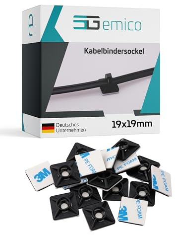 emico Kabelbindersockel 19x19 mm - für Kabelbinder bis 3,6 mm Breite - 50 Stück Schwarz - Kabelbinderhalter aus PA 6.6 - Selbstklebend (3M Kleber) & RoHS-konform - Praktische Befestigung für Kabel