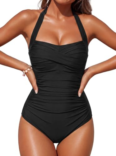 Smismivo Tummy Control Swimwear One Piece Modest Swimming Costume Women Ladies Full Body Vintage Retro Halter Neck Swimsuit Plus Size Push Up Padded Bathing Suit Black