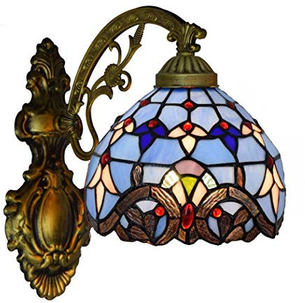 Yjmgrowing Tiffany Style Wall Lights Blue Baroque Stained Glass Corridor Wall Lamp 8 Retro Bedroom Bedside Wall Sconce for Balcony Living Room Hallway Lighting Decorative, E27,110-240V