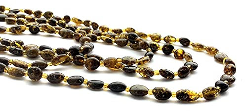 Collana extra lunga in ambra baltica da 150 cm con perle di vetro, colore slag, vera ambra baltica lavorata a mano