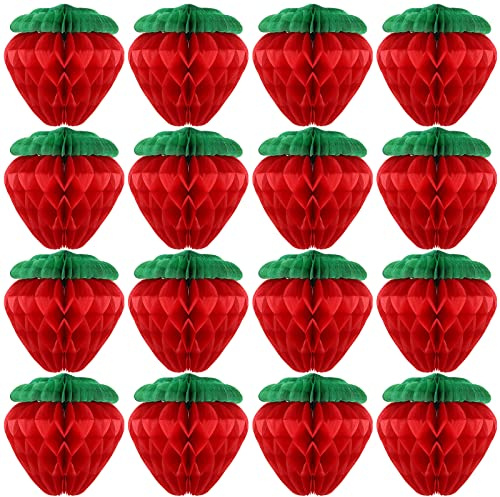 16 Pieces 6 Inch Strawberry Honeycomb Ball Tissue Paper Strawberry Ball Paper Strawberry Decoration for Strawberry Themed Birthday Party (Red)