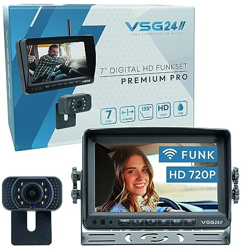 VSG24 Premium PRO Rückfahrkamera Set – 7 Zoll HD Funkmonitor mit 155° Weitwinkel – LED-Nachtsicht – CAN-Bus Ready – bis zu15 m Reichweite