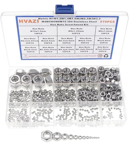 HVAZI 570PCS Metric M1 M1.2 M1.4 M1.6 M2 M2.5 M3 M3.5 M4 M5 M6 M8 M10 304 Stainless Steel Hex Nuts Assortment kit