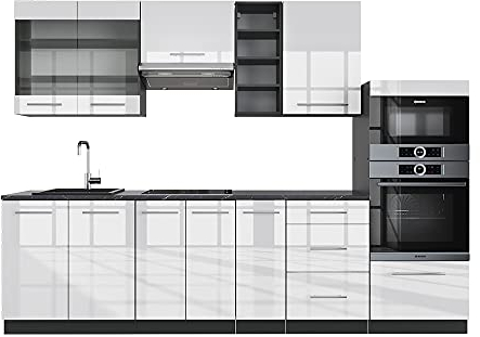 Vicco Küchenzeile Fame-Line, Weiß Hochglanz/Anthrazit, 280 cm, AP Marmor