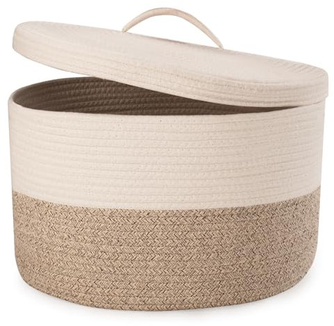 Rieeyrslza Cesto Portabiancheria in Corda Intrecciata con Coperchio 32L Cesta Porta Coperte da Salotto, Maniglia Vuota, Mettere Vestiti e Giocattoli, Camere da Letto e Lavanderia 40 x 25cm(Marrone)