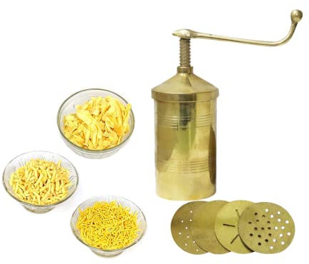 BRACOP® Brass Sev Maker Noodles Machine Manual Noodle Maker Murukku Maker Indian Sev Sancha Gathiya Manual Noodle Maker Kitchen Cooking Tools With Differnet Shapes 4 Jali Noodles Press Pasta Maker