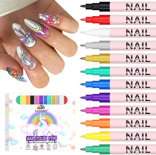 EBANKU 12 Penne Per Nail Art Punta , 3D 0,7MM - Pennarelli per Disegni di Unghie Natalizi a Asciugatura Rapida, Strumenti per Pittura Acrilica, Graffiti, Punti e Linee per DIY a Casa e in Salone