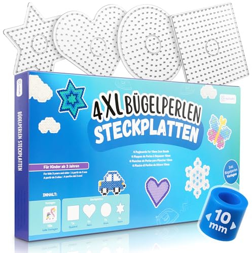 molinoRC 4x Bügelperlen Platten Groß für 10mm Perlen - Steckplatten Set [Quadrat, Kreis, Stern, Herz] mit tollen Vorlagen passend für alle XL XXL Maxi Bügelperlen - das perfekte Geschenk ab 3 Jahre