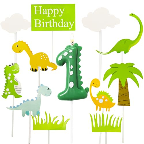 DazzJoy Dino Kerze 1. Geburtstag Mädchen, Dinosaurier Geburtstagskerzen Zahlen 1,Geburtstagskerze 1 Kuchendeko 1. Geburtstag Kerzen,mit 11 Stück Dinosaurier Happy Birthday Cake Topper
