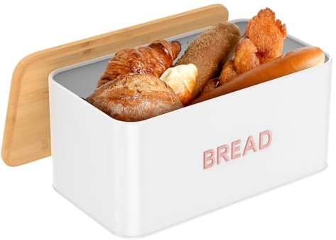 VAVPUP Metal Bread Box with Bamboo Cutting Board Lid,Bread Storage Container for Kitchen Countertop,Modern Bin Holder Breadbox,Kitchen Decor Organizer Wet Cloth Cleaning 33.5 * 19 * 15cm(white)
