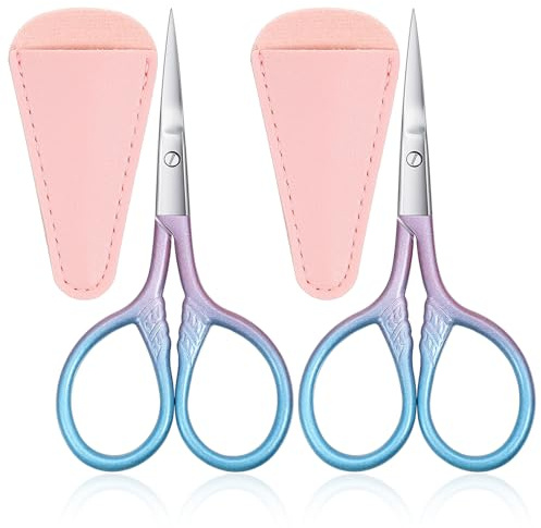 2 Pcs 3.54 Inch Small Eyebrow Scissors Eye Brow Scissors for Women Mini Cosmetic Scissor fit Facial Facial Hair Eyebrows Beard Ear Nose Moustache Sewing Blue Pink Gradient Stainless Steel