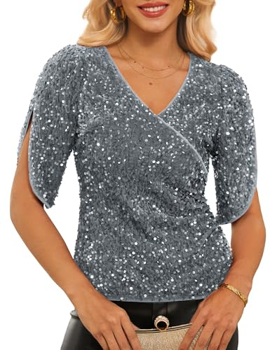 GRACE KARIN Hauts scintillants pour femmes à manches mi-longues col en V avec paillettes, chemisiers de velours pour soirée, fête, sortie nocturne de Noël, gris, M
