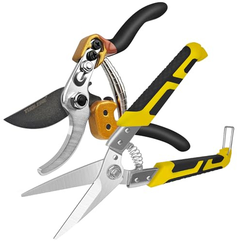 TUOLEWE Professional 2-Pack Pruning Shears and Tin Snips Heavy Duty Garden Clippers with Japanese SK5 Steel and Stainless Steel Blades for Branch Cutting Bonsai Gardening Cardboard