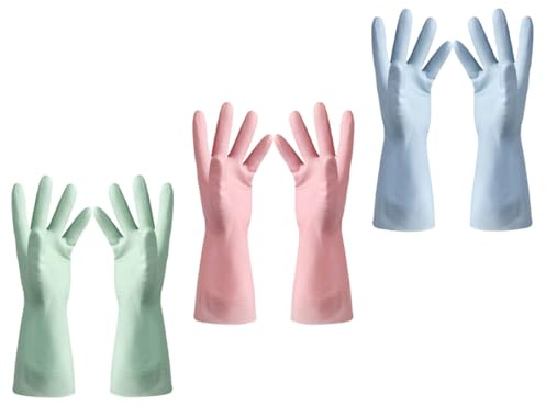 WRITWAA 3 Pares de Guantes Color Aleatorio Impermeables de Cocina de Goma, Finos y Prácticos, Guantes Largos Tamaño M para Lavado de Platos y Preparación de Alimentos
