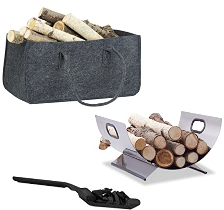 Set da 3 Accessori per Caminetto, Cesto Portalegnao Rivista, Sacco Portalegna in Feltro, Paletta Nera Raccogli Cenere