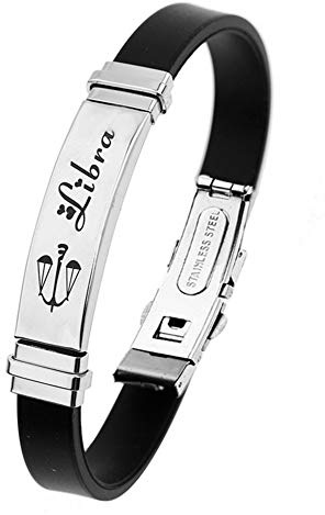 ODETOJOY Pulsera Negra Constelación Escorpión de Acero Inoxidable para Hombre Signo Zodiacal 12 Brazaletes Zodiacales de Silicona Astrología Horóscopo, 22 cm, Titanio