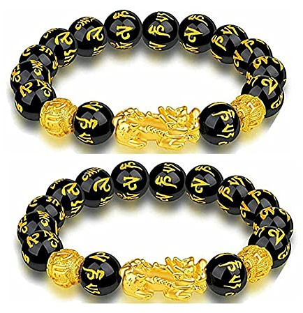 MiaLover 2 Pulsera de perlas de Feng Shui china Pi Xiu pulsera de obsidiana negra Pixiu con ojo de tigre y doble Pixiu suerte tropas valientes abalorios joyas para la felicidad riqueza, 16.5