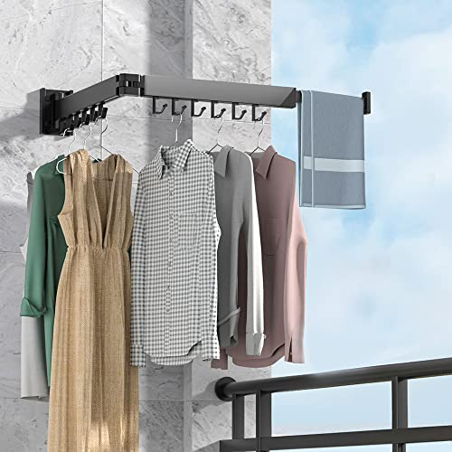 BHeadCat Wandmontierter Kleiderständer 90cm, Wäscheständer Versenkbar, Zusammenklappbar Wäscheständer mit 12 Haken und Handtuchhalter für Balkon, Wäsche, Badezimmer, Schlafzimmer