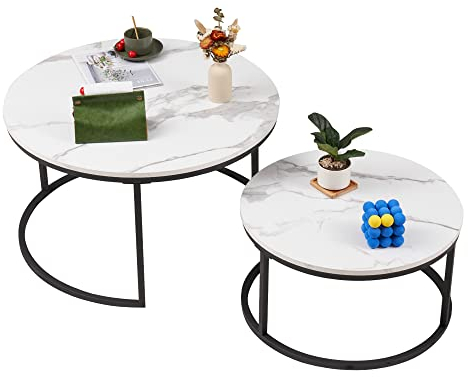 Soayone Couchtisch Rund 2er Set, Weiß Marmor Couchtisch mit Schwarz Metallgestell, Beistelltisch Rund, Wohnzimmertisch Modern, Satztische fürs Wohnzimmer Schlafzimmer Balkon