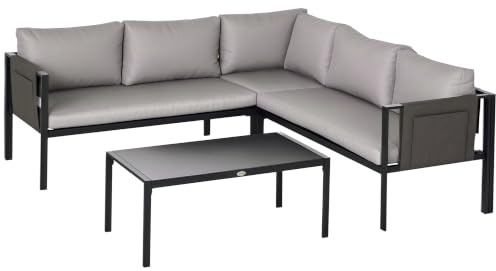 Outsunny 5 Seater Garden Corner Sofa Set with Loveseats 4 Pieces Light Grey | Metal Furniture Set, Glass Top Coffee Table, Breathable Mesh Pocket, Outdoor Conversation Furniture, Cushions